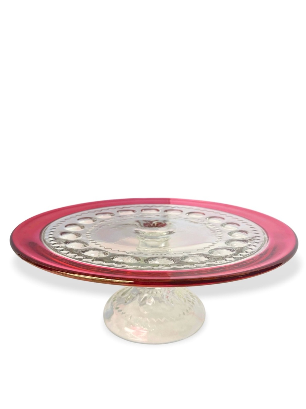 Vintage Tiffin Franciscan Kings Crown Ruby Flashed Clear Glass Cake Stand 12”